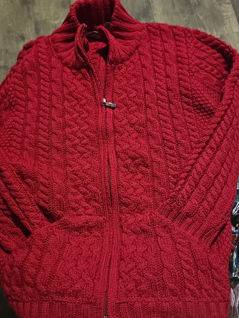 Wool 100% Merino Sweater  Dark Red Cable-Knit Zip Front Large Cardigan Vintage